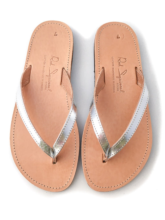 Classic Greek Leather Flip-Flop Sandals - Silver