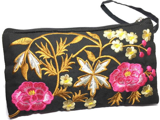 Embroidered Silk Zip Purse - Peony on Black