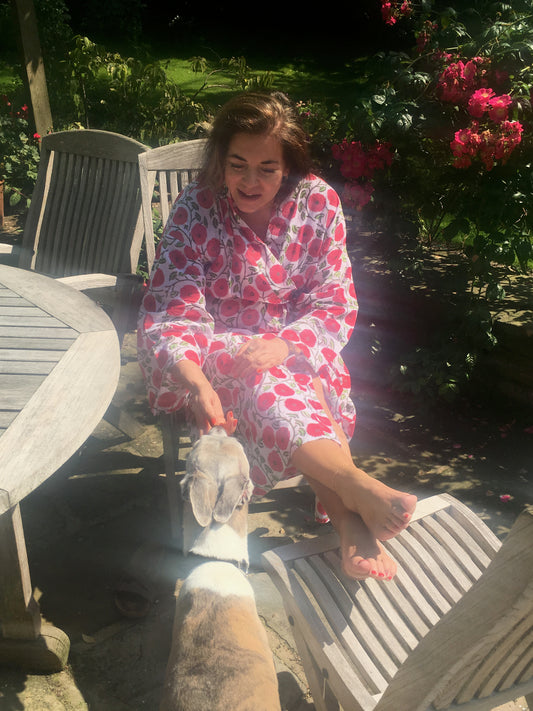 Block Print Yukata Kimono - Big Red Pink Bloom White