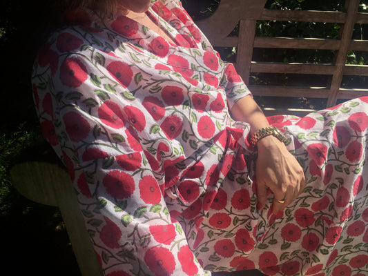 Block Print Yukata Kimono - Big Red Pink Bloom White