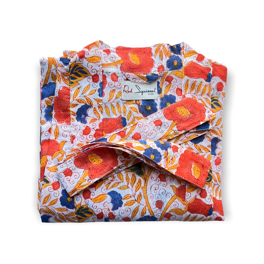 Block Print Yukata Kimono - Bold Floral White Multi