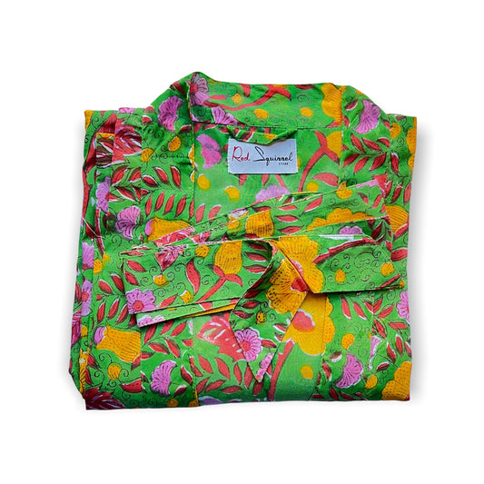 Block Print Yukata Kimono - Bold Floral Green Multi
