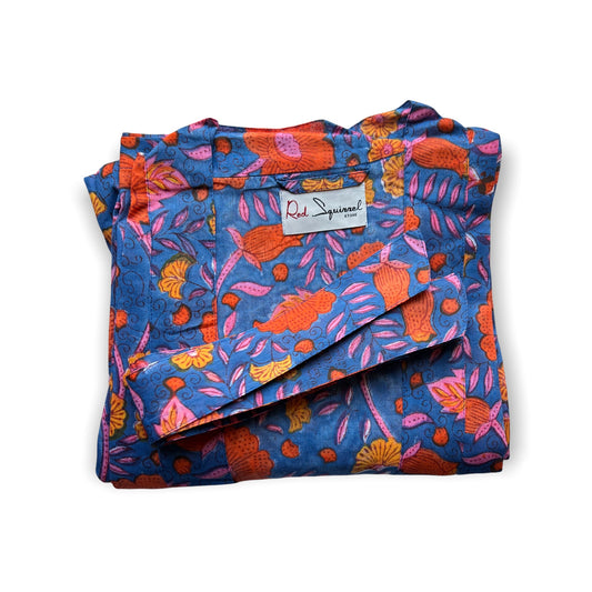 Block Print Yukata Kimono - Bold Floral Blue Multi