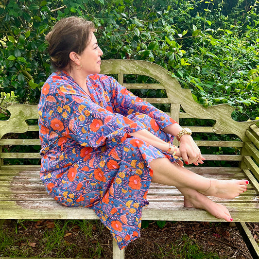 Block Print Yukata Kimono - Bold Floral Blue Multi