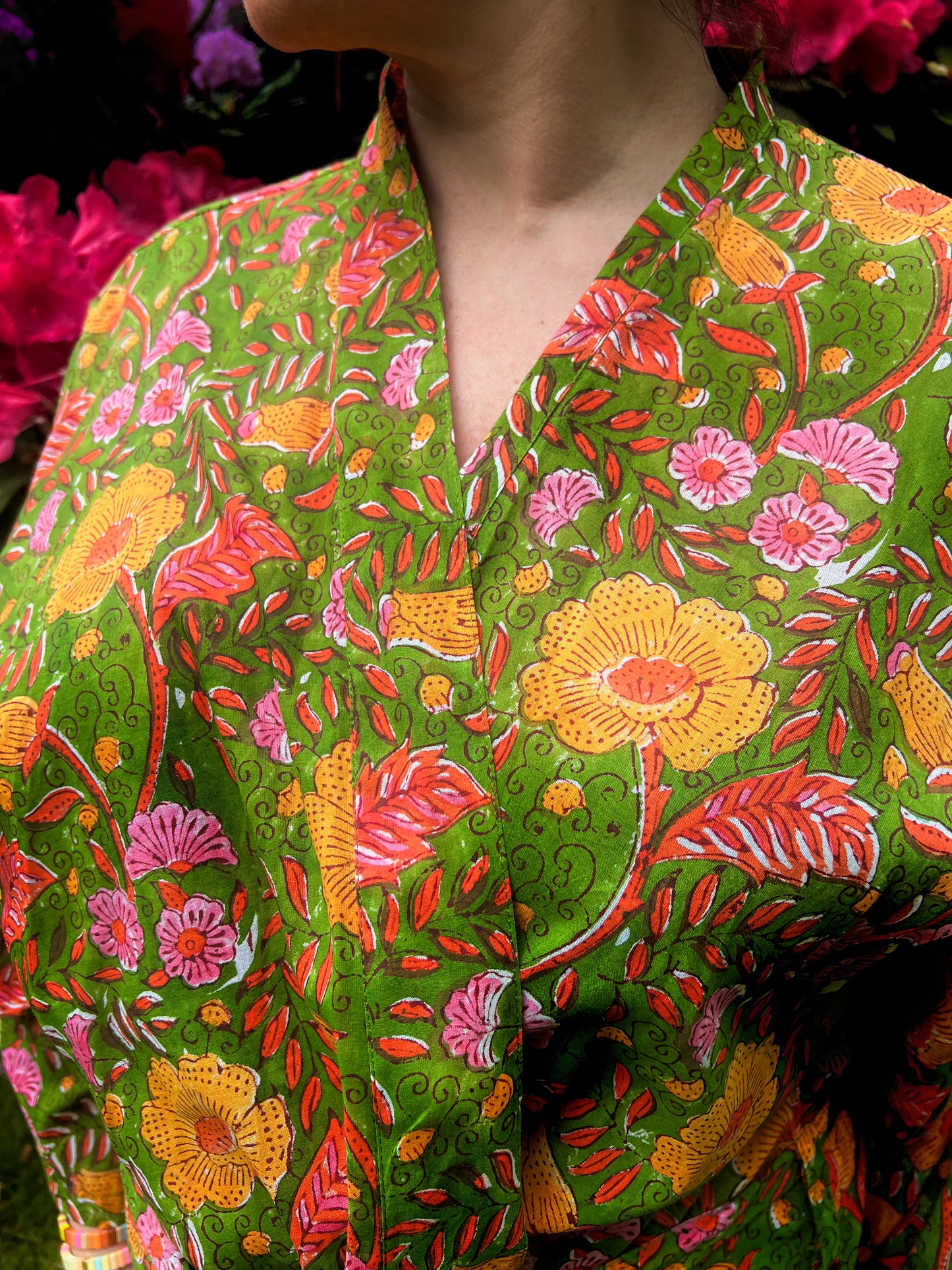 Block Print Yukata Kimono - Bold Floral Green Multi