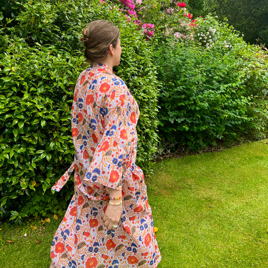 Block Print Yukata Kimono - Bold Floral White Multi