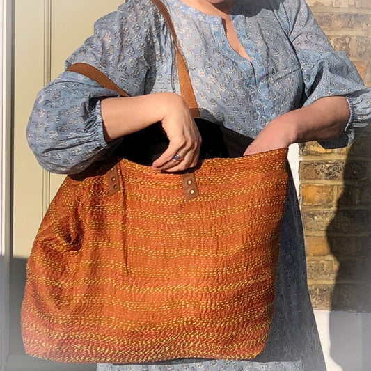 Vintage Silk Day Bag with leather handles - Tan