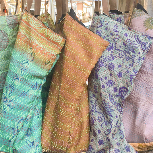 Vintage Silk Day Bag with leather handles - Green