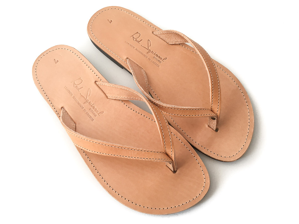 Classic Greek Leather Flip-Flop Sandals - Natural Tan