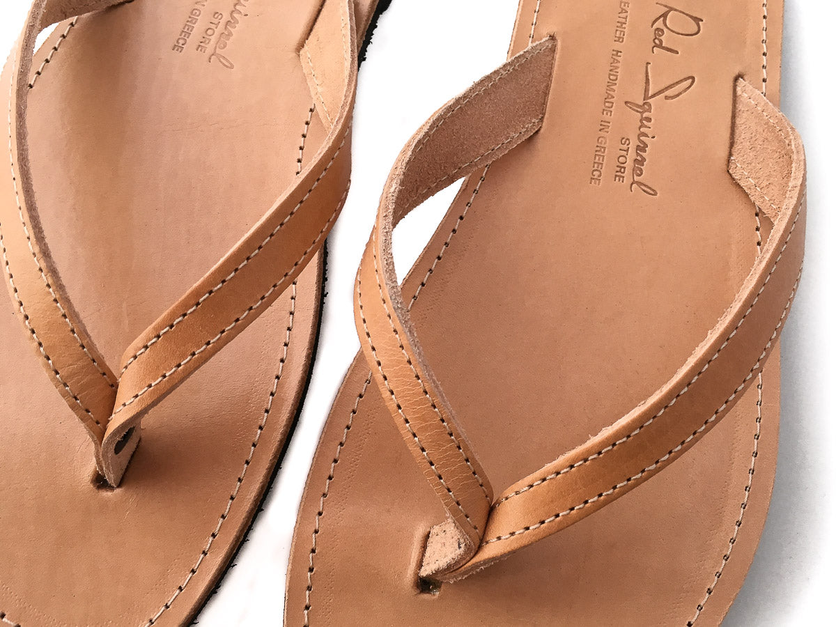 Classic Greek Leather Flip-Flop Sandals - Natural Tan