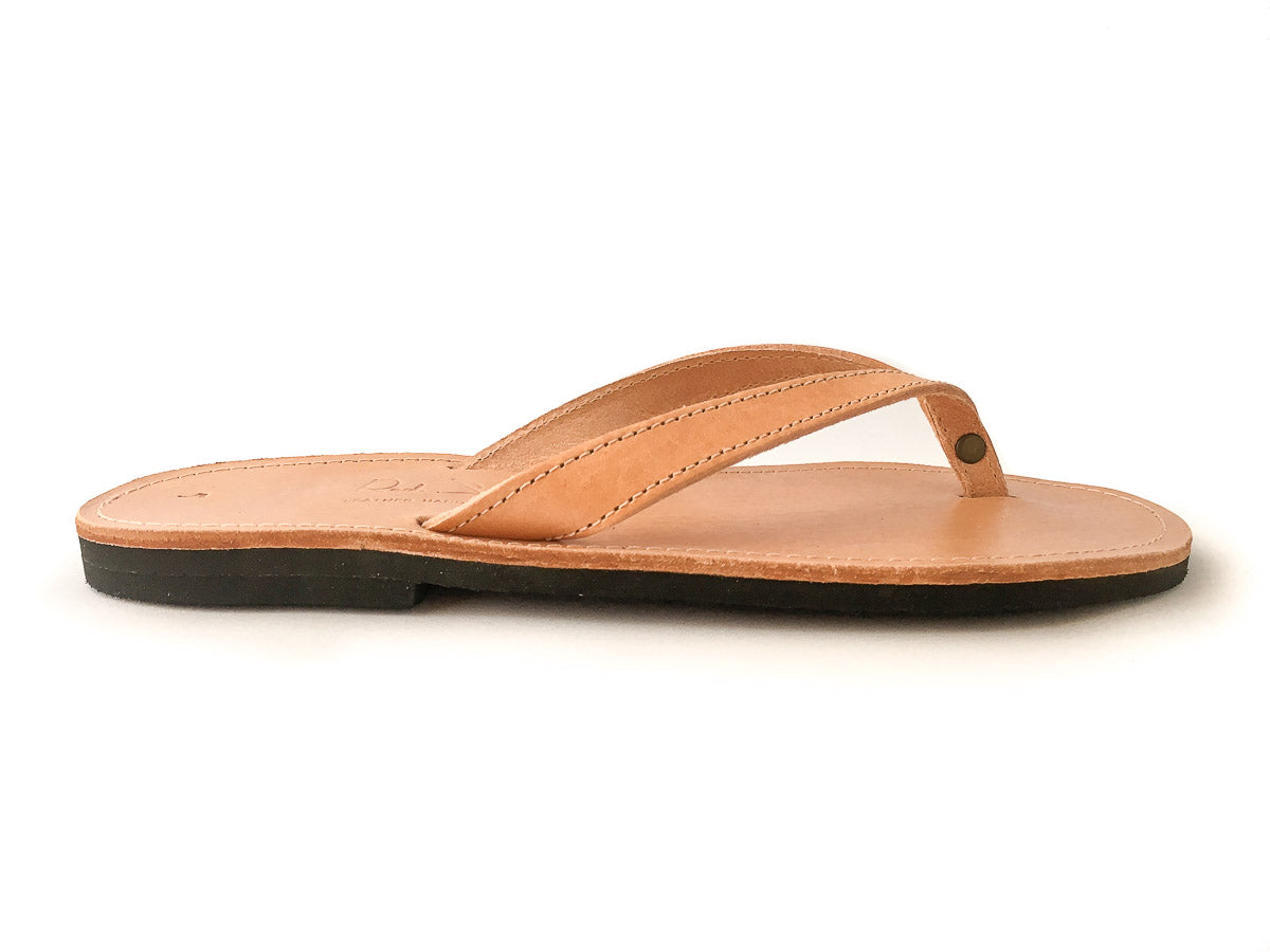 Classic Greek Leather Flip-Flop Sandals - Natural Tan