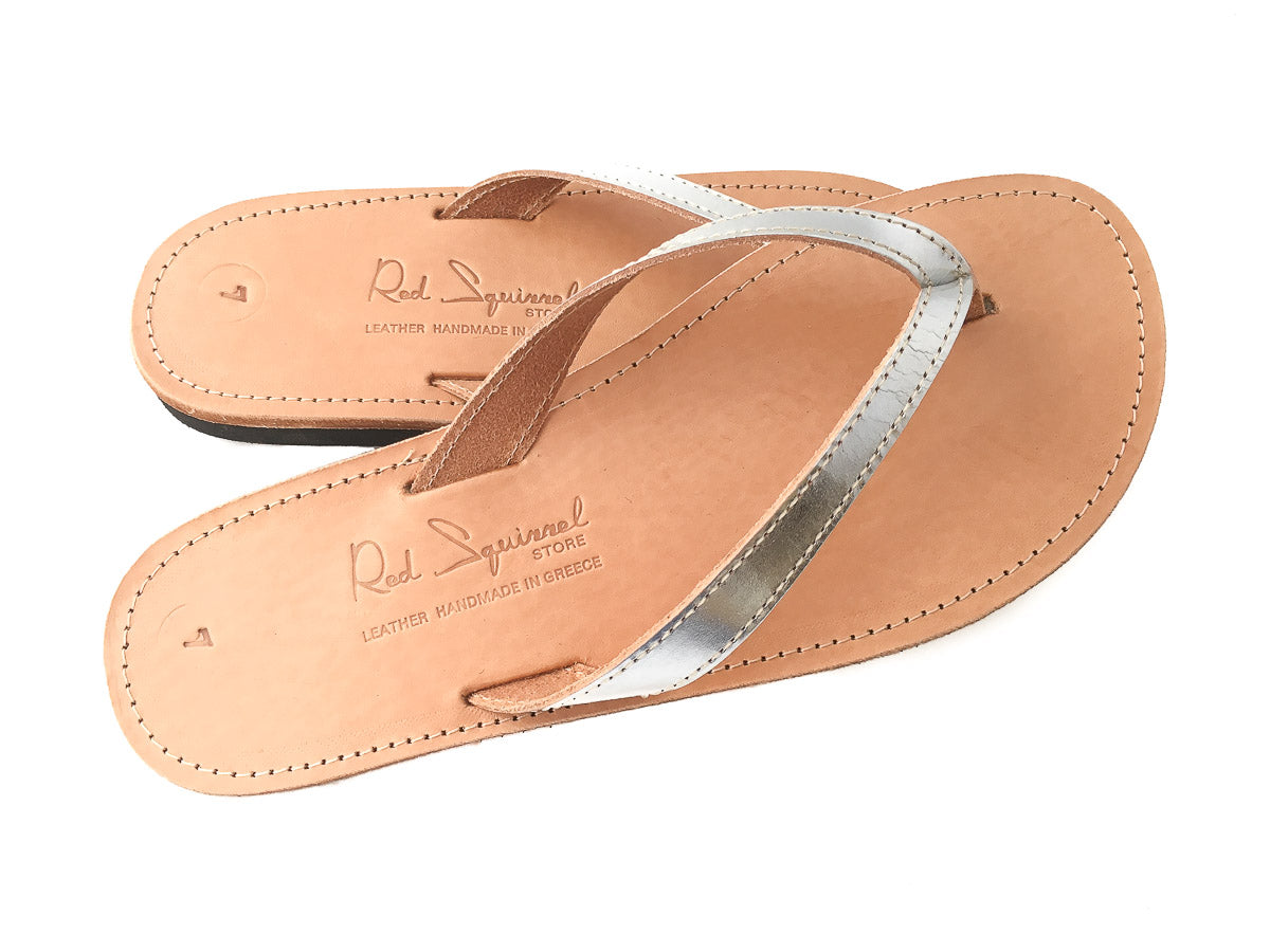 Classic Greek Leather Flip-Flop Sandals - Silver