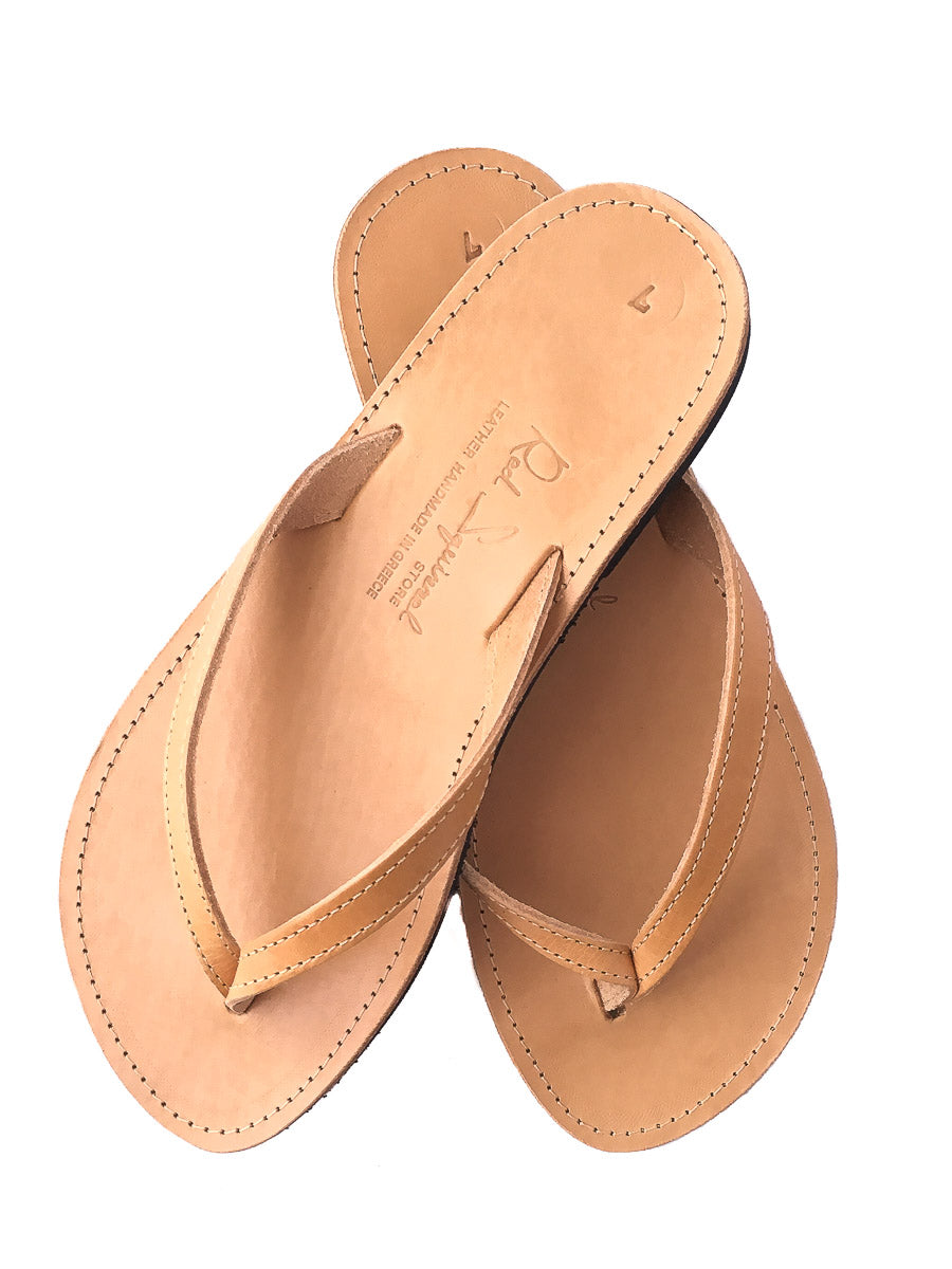 Classic Greek Leather Flip-Flop Sandals - Natural Tan