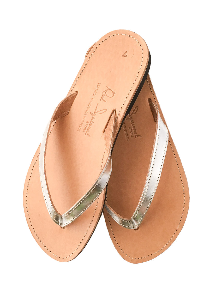 Classic Greek Leather Flip-Flop Sandals - Silver