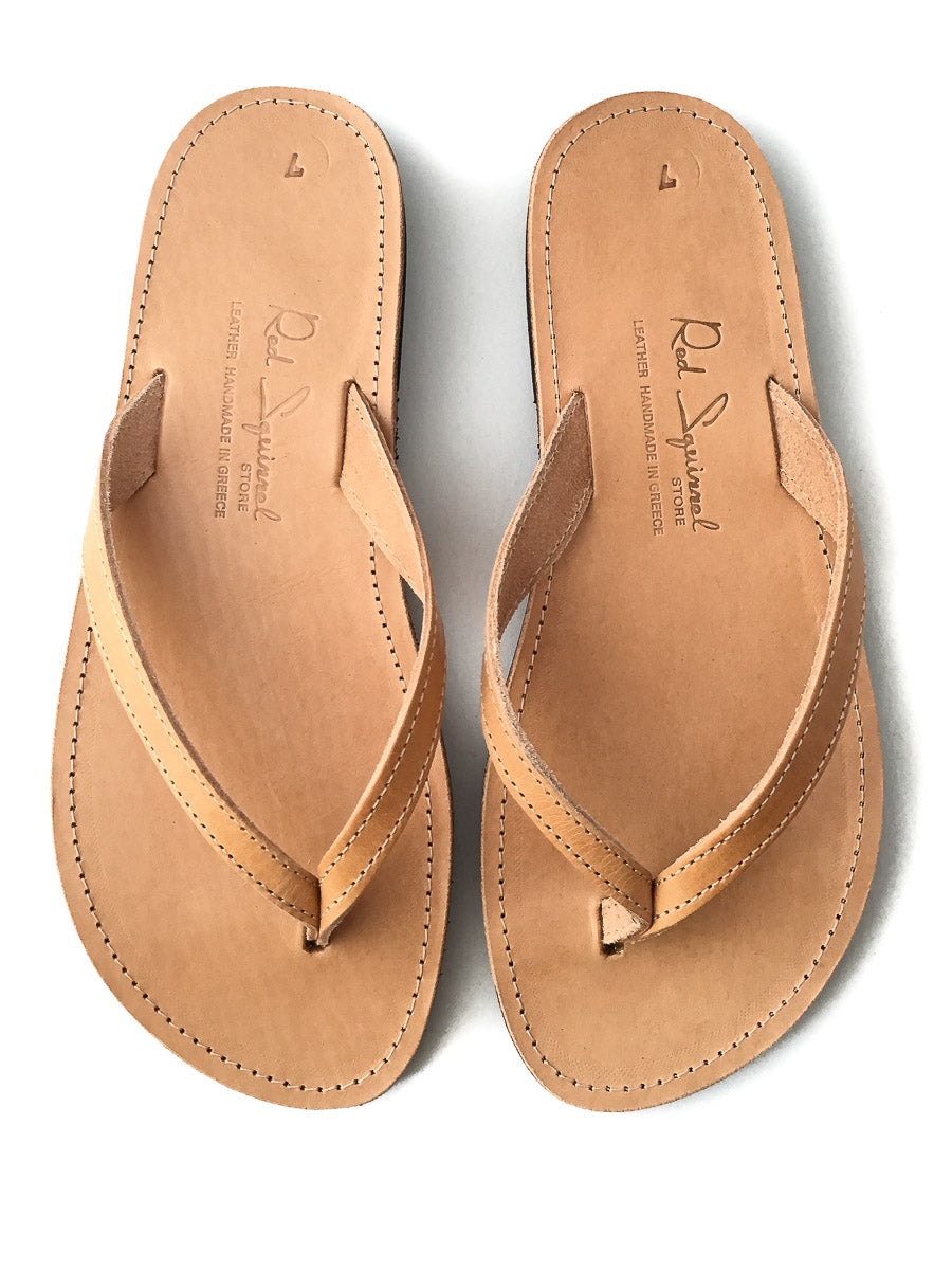 Classic Greek Leather Flip-Flop Sandals - Natural Tan