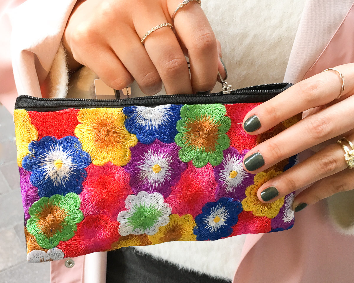 Embroidered Silk Zip Purse - Crowded Blossoms
