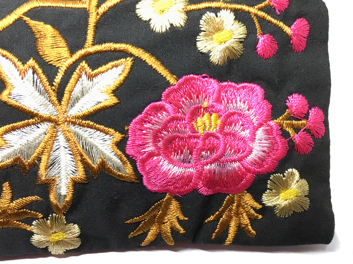 Embroidered Silk Zip Purse - Peony on Black