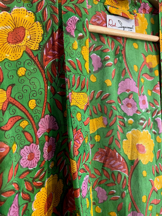 Block Print Yukata Kimono - Bold Floral Green Multi