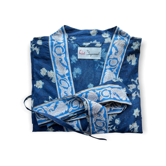 Block Print Kimono Robe - Indigo Flowers and Vines