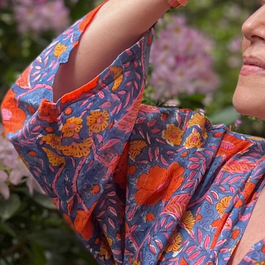 Block Print Yukata Kimono - Bold Floral Blue Multi