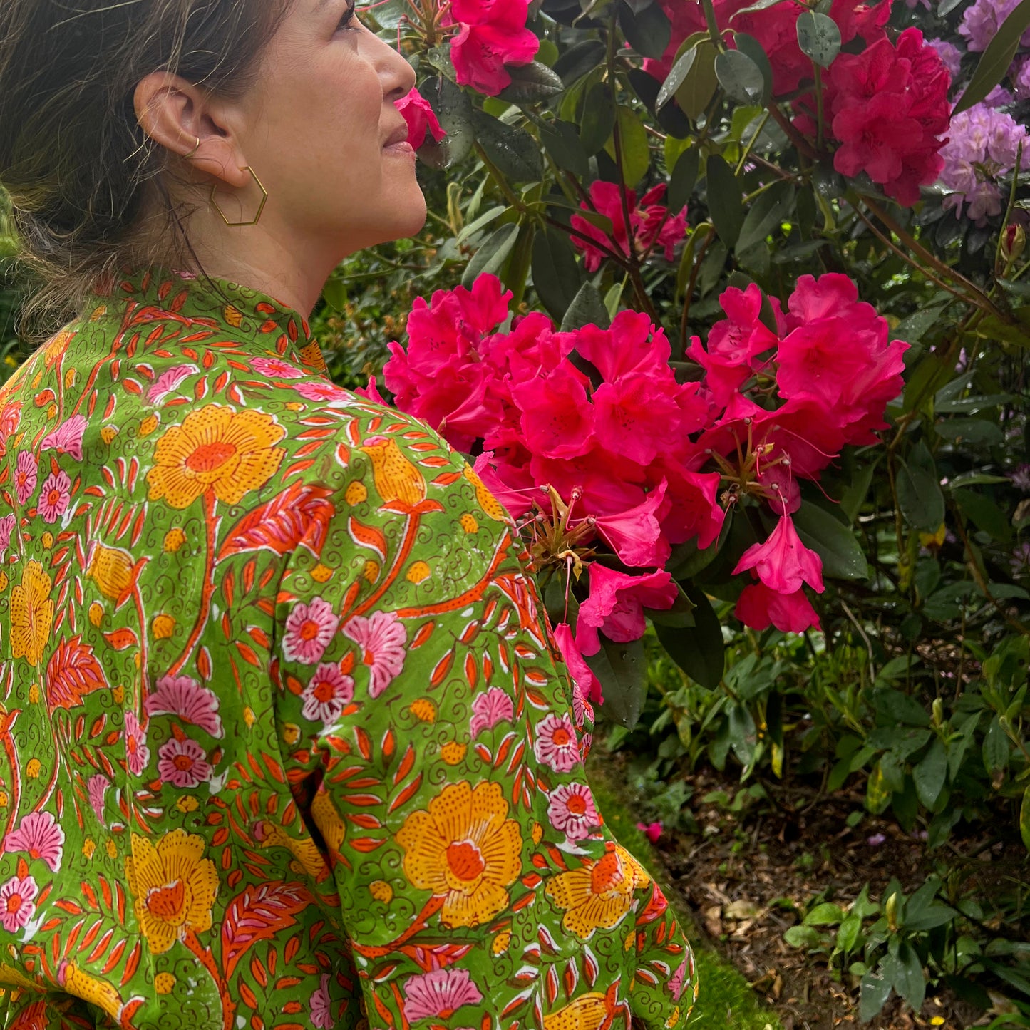 Block Print Yukata Kimono - Bold Floral Green Multi