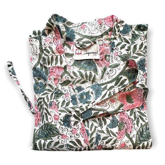 Block Print Kimono Robe - Bold Floral Soft Pink Grey Green Multi