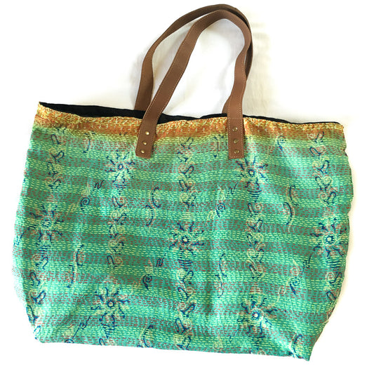 Vintage Silk Day Bag with leather handles - Green