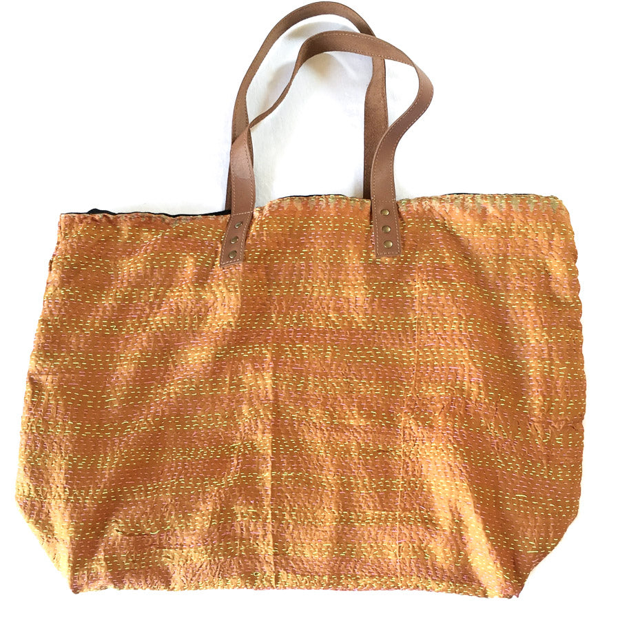 Vintage Silk Day Bag with leather handles - Tan