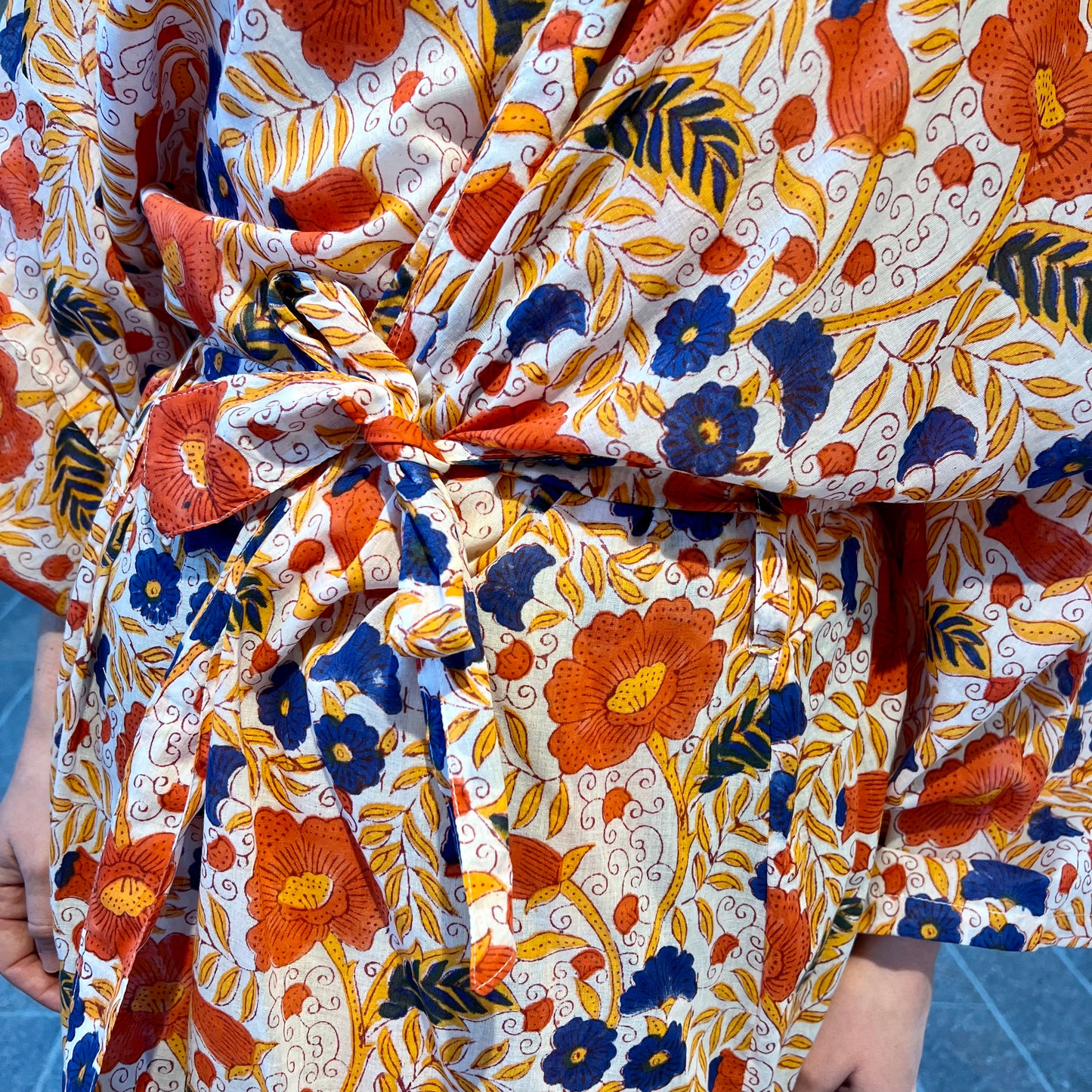 Block Print Yukata Kimono - Bold Floral White Multi